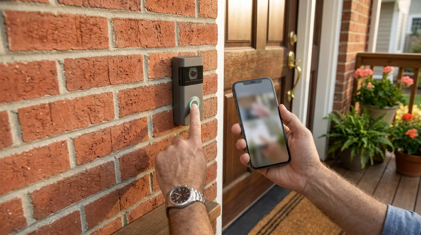 Finger pressing an installed video doorbell while a phone shows live view