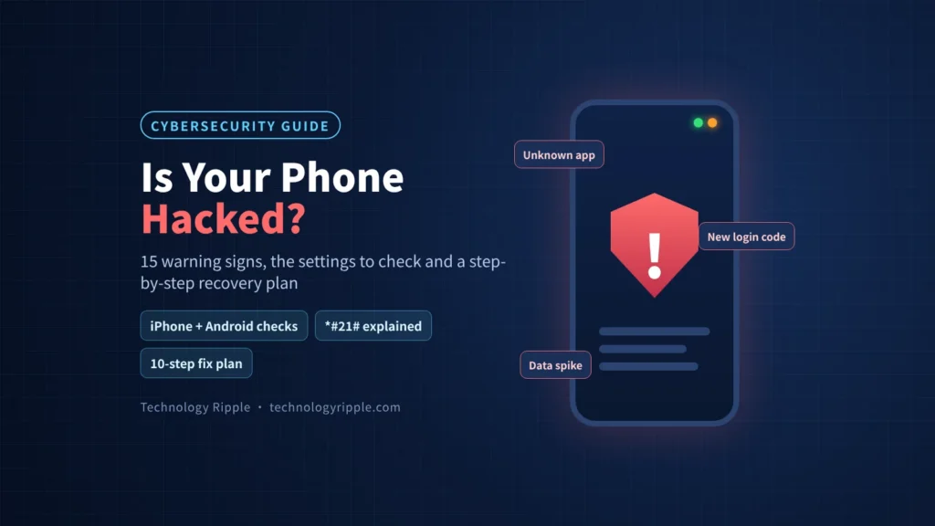 How to Know If Your Phone Is Hacked: 15 Signs and Fixes How to know if your phone is hacked: phone with warning shield, unknown app, new login code and data spike alerts