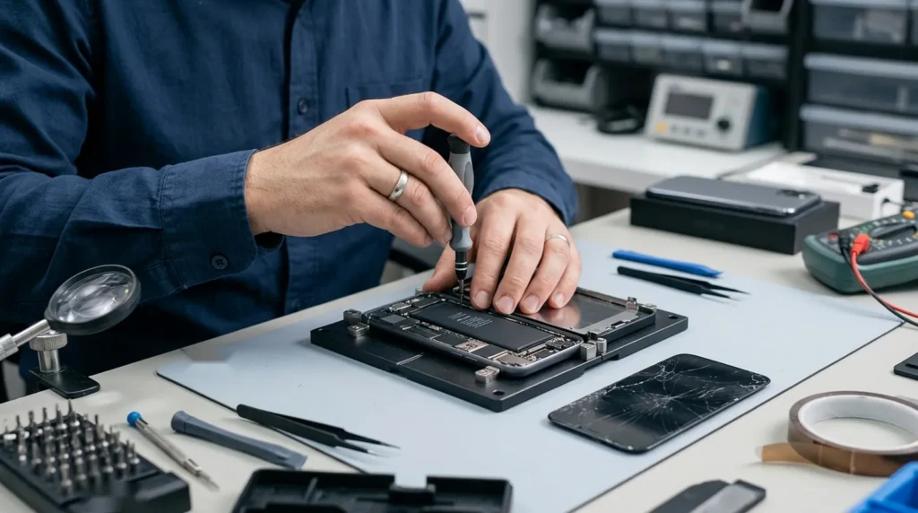iPhone Duo Screen Repair Cost: $999 Fix and AppleCare+ Math iPhone Duo screen repair cost shown by a technician fixing a phone at a repair bench