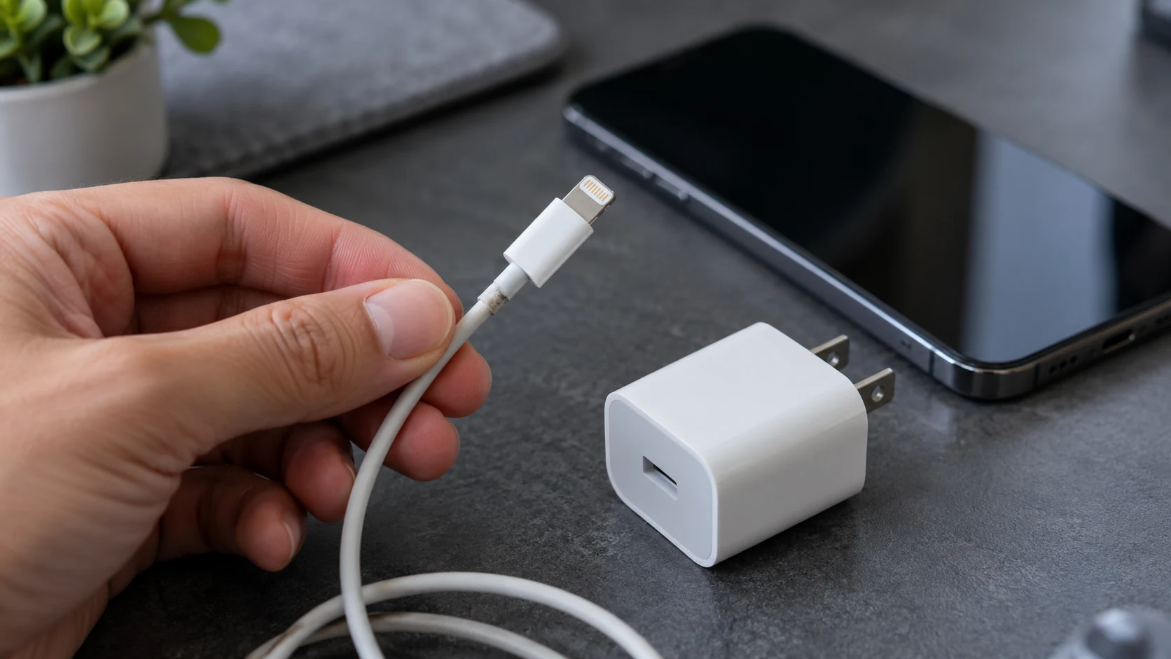 Inspecting a worn charging cable and USB adapter when an iPhone won't charge