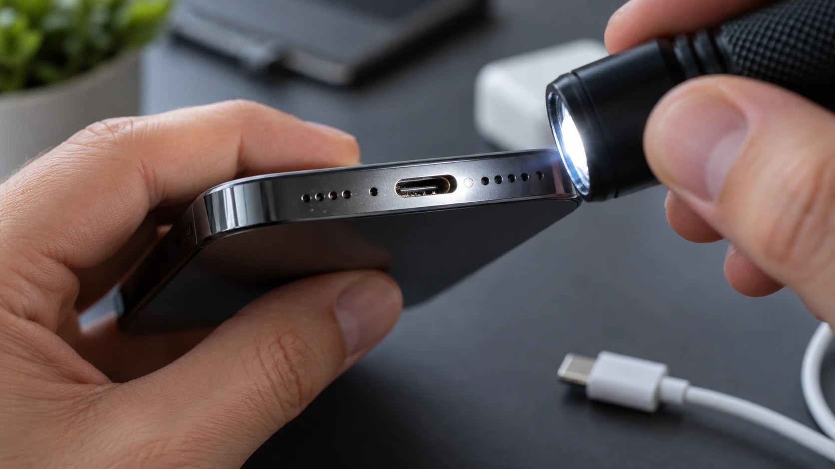 Checking an iPhone charging port for lint with a flashlight