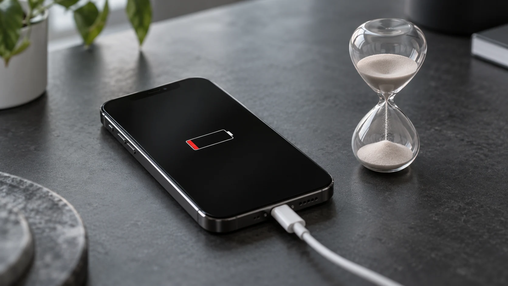 Drained iPhone left on the charger next to an hourglass