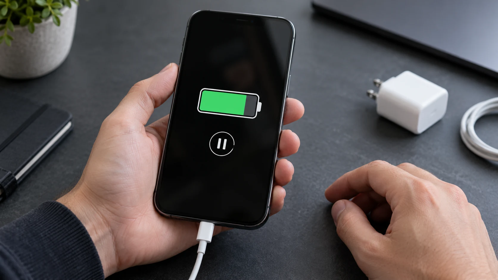iPhone battery icon showing a paused charge