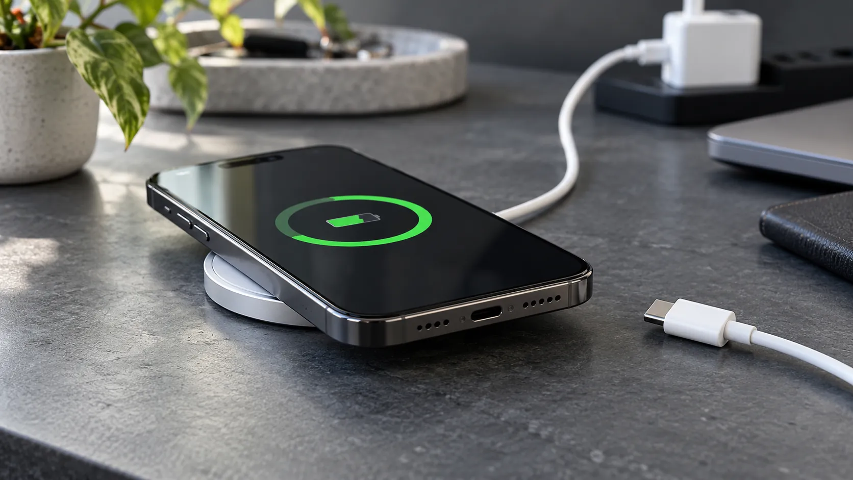 iPhone charging on a wireless charging pad