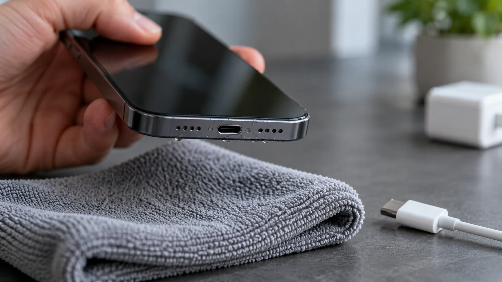 Drying a wet iPhone charging port with a microfiber cloth