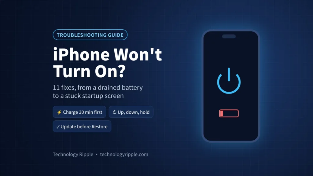iPhone Won’t Turn On? 11 Fixes to Bring It Back to Life iPhone won't turn on troubleshooting guide illustration with a power icon and low battery symbol