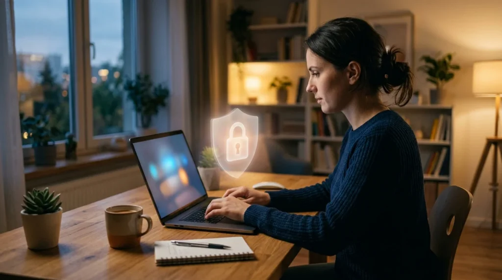 Is ChatGPT Safe? Privacy Risks and How to Protect Yourself Is ChatGPT safe - a person using an AI chatbot on a laptop with a glowing padlock and shield above the keyboard