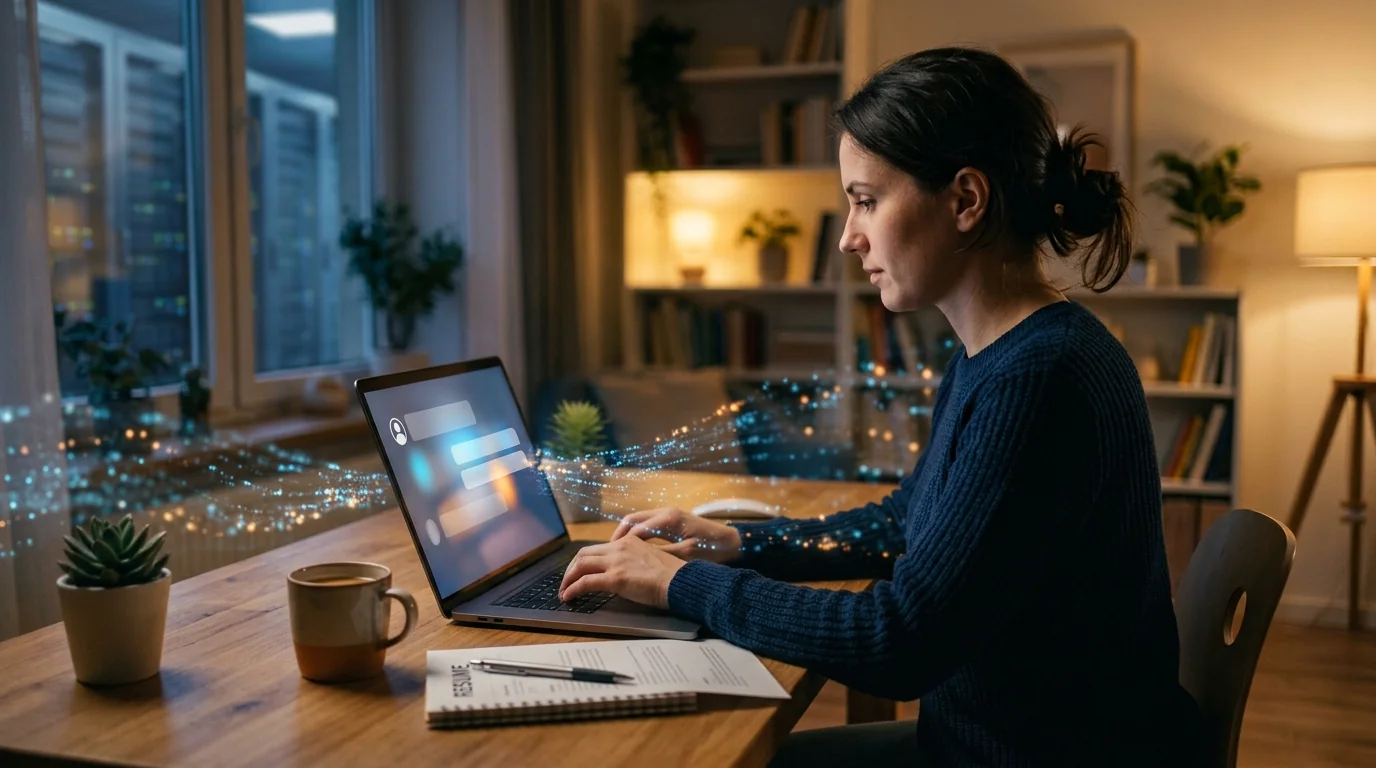 Person pasting a resume into an AI chat while light streams flow from the laptop toward a server room
