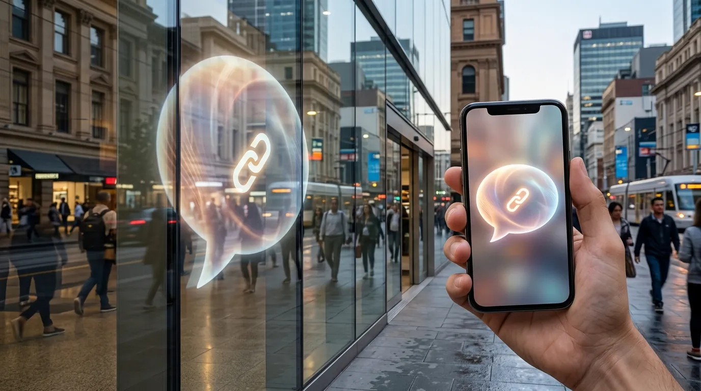 Phone showing a chat bubble with a link symbol mirrored on a public glass wall in a city street