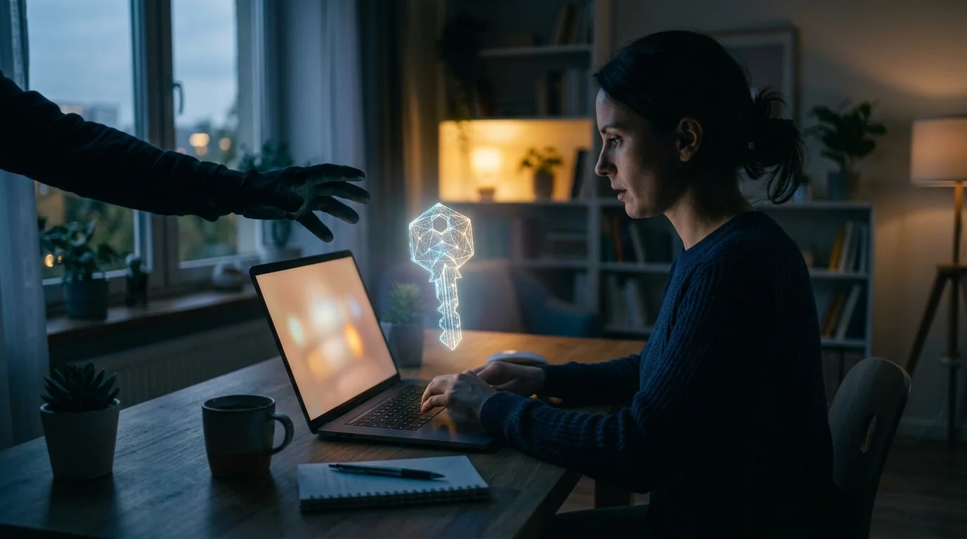 Gloved hand reaching for a glowing digital key above a laptop keyboard in a dark home office