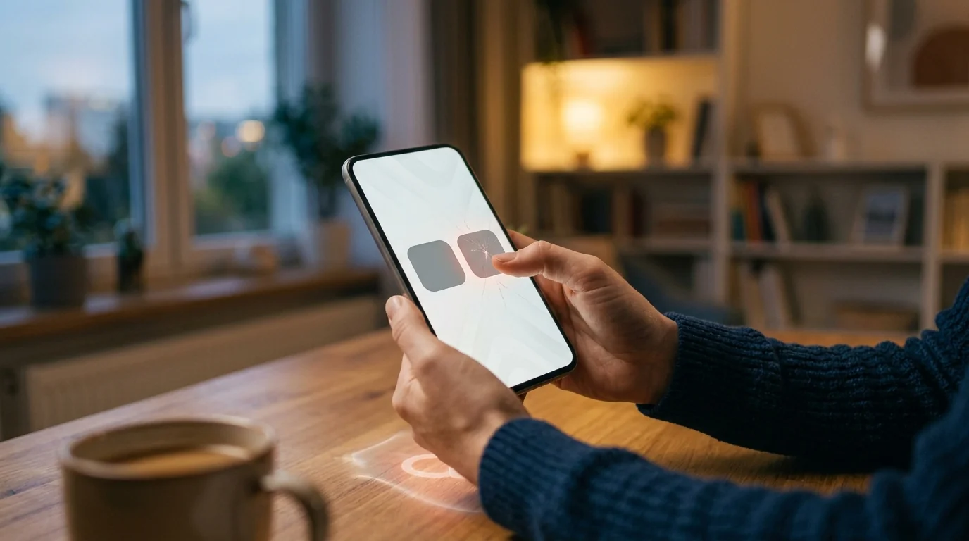 Hand hovering between two similar app icons on a phone, one cracked with a red glow