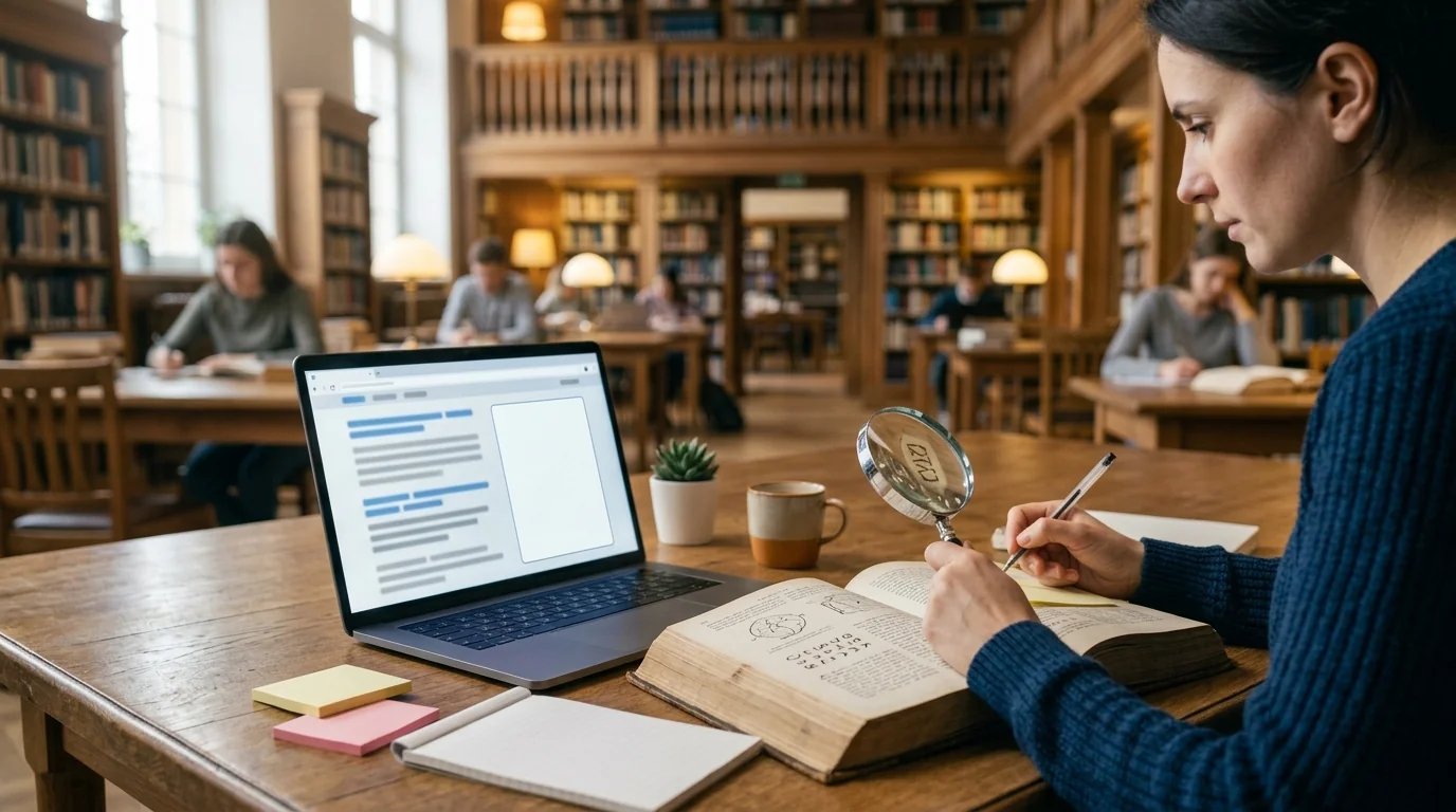 Student checking an answer on a laptop against an open reference book with a magnifying glass