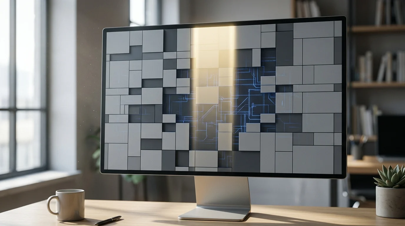 Monitor showing a document of grey blocks with hidden glowing lines revealed by a scanning beam
