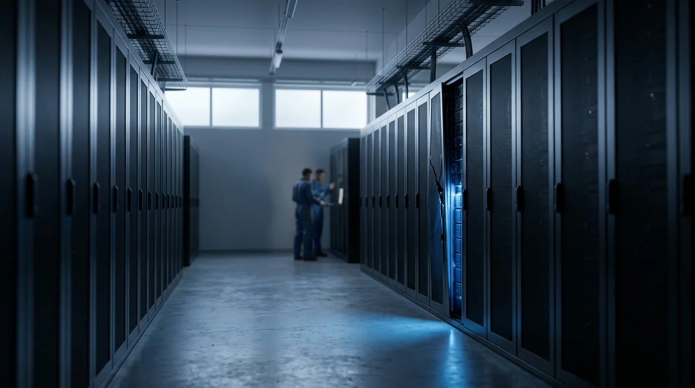 Data center aisle with blue light leaking from a server rack and technicians in the background