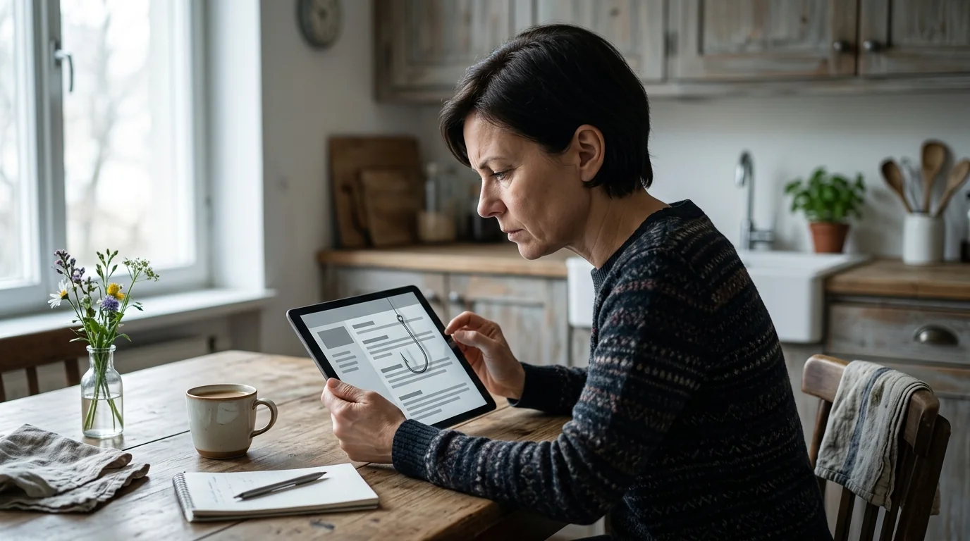 Person at a kitchen table studying an email on a tablet with a fishing hook reflection on the screen