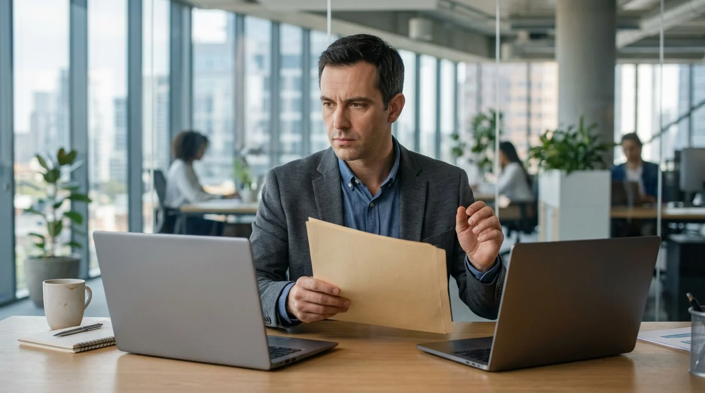 Office worker holding a folder between a work laptop and a personal laptop