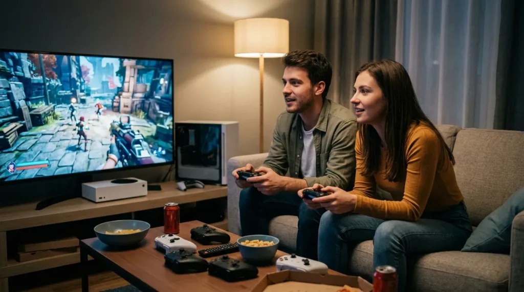 Is Game Pass Ultimate Worth It? Who Should Pay $22.99 Two friends playing console games on a couch while deciding is game pass ultimate worth it