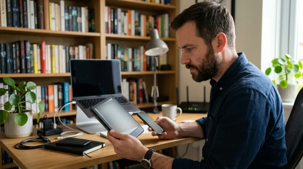Man holding an e-reader with a phone and router nearby, fixing a Kindle book queued but not downloading
