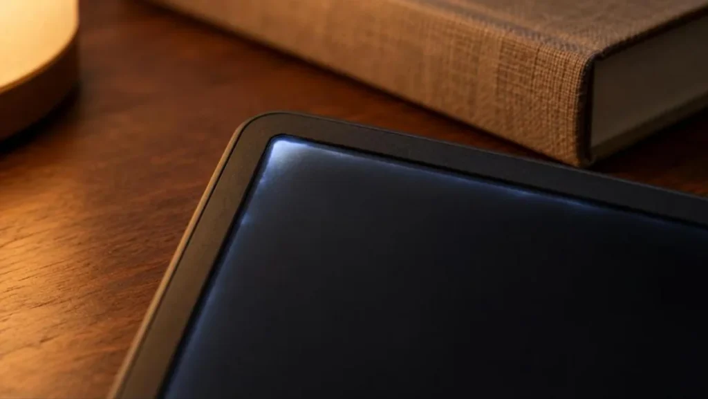 kindle light bleed glow around the edges of an e-reader screen at night