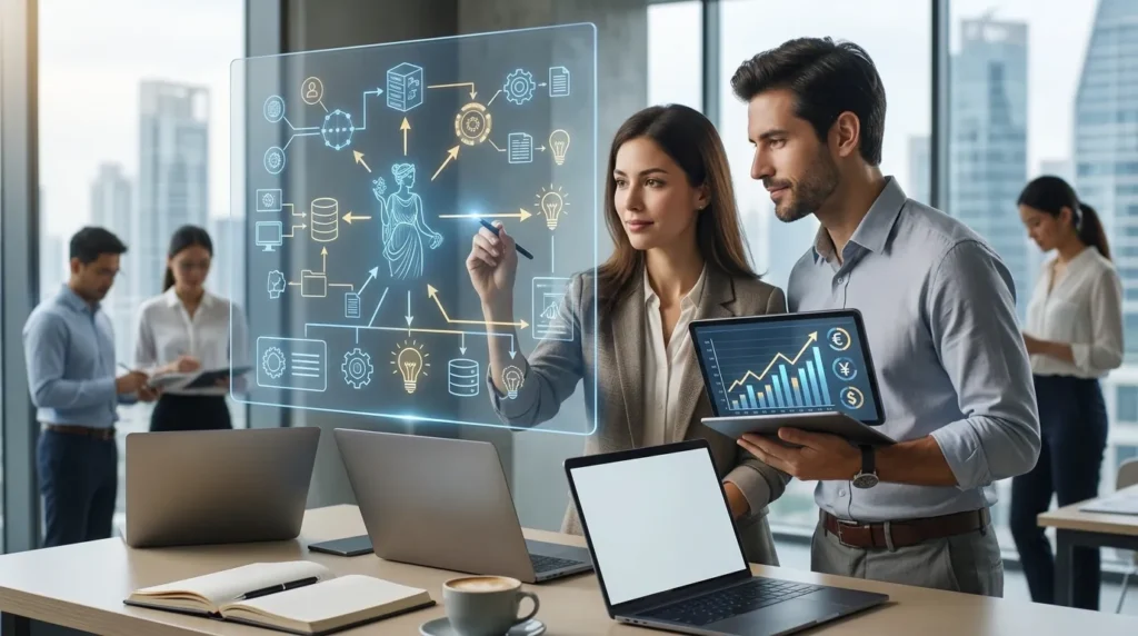 Meta Muse Wonder concept with two professionals mapping an AI agent workflow on a glass screen in an office