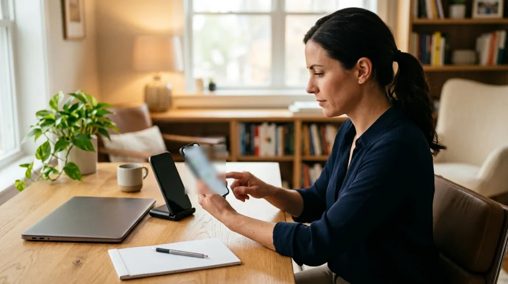 Microsoft Authenticator New Phone? How to Move Your Accounts Woman checking Microsoft Authenticator new phone setup on a smartphone at a home desk next to a second phone on a stand