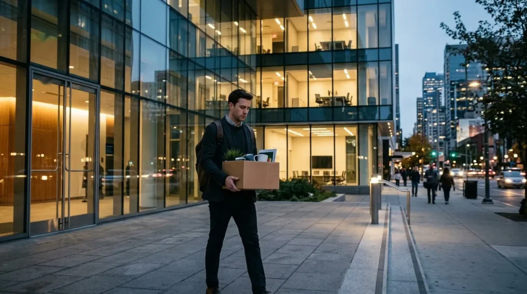 Netflix Layoffs and What They Mean for Your Subscription Employee leaving an office building with a box, illustrating the Netflix layoffs