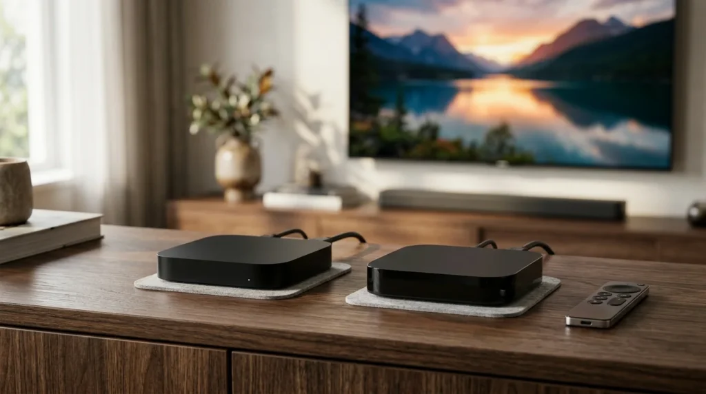 New Apple TV 4K style streaming boxes on a wooden TV console with a remote and a TV in the background