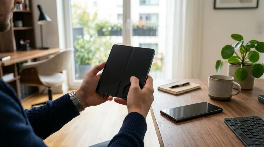 Which Galaxy Phones Have the One UI 9 Update Right Now Person holding a foldable phone at a desk while checking for the One UI 9 update