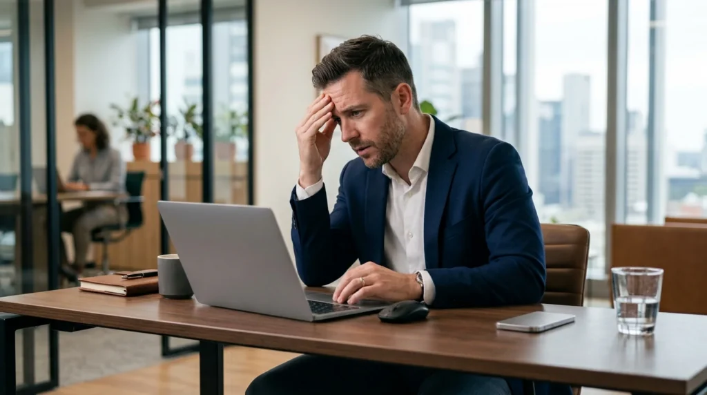 Worried man looking at his laptop after seeing a PayPal account limited notice