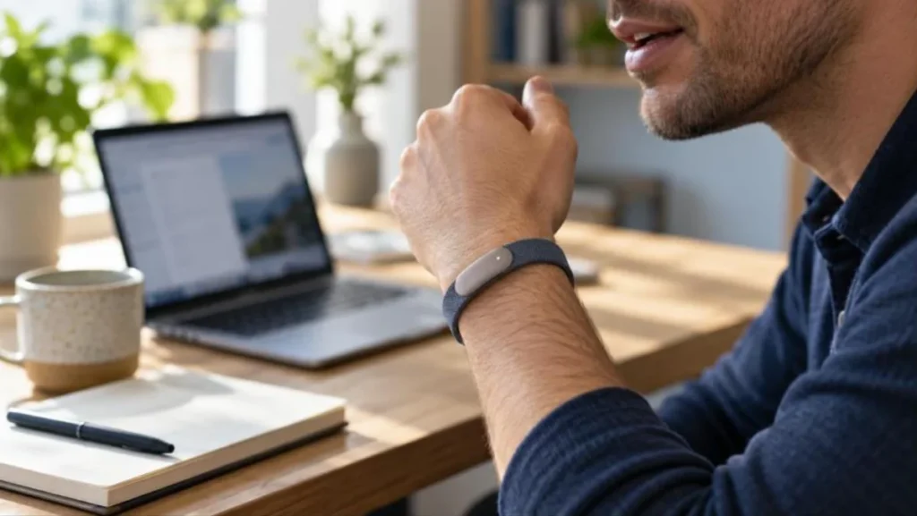 persona ai band style wristband on a wrist next to a phone