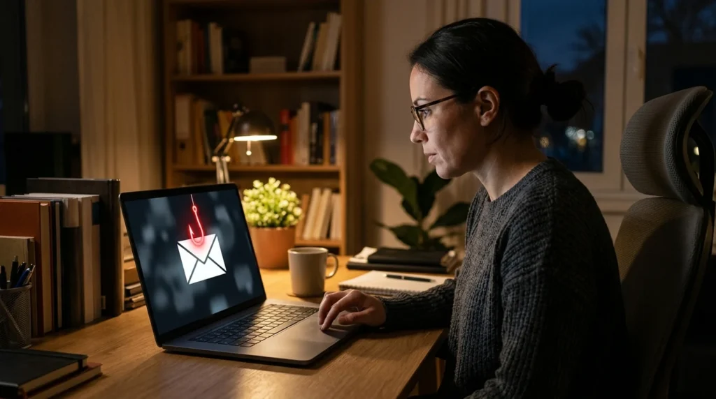 Phishing Email Examples – 13 Real Scams and How to Spot Them Phishing email examples shown as a person checking a suspicious email with a hook on a laptop