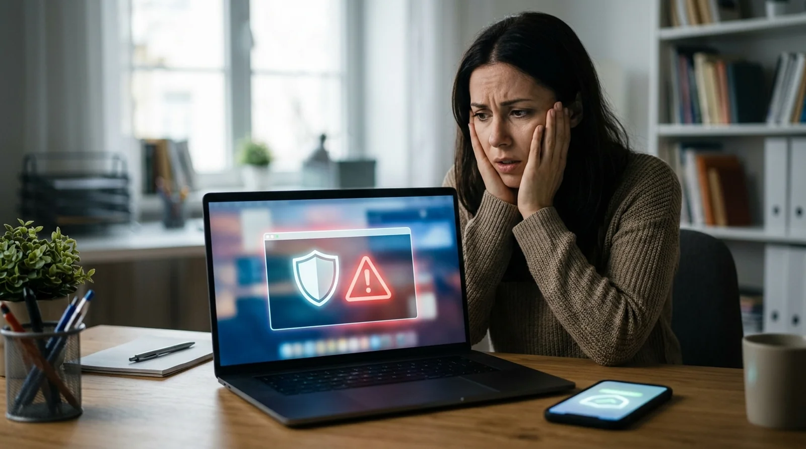 Person worried by a fake security alert on a laptop with an approval prompt on a phone