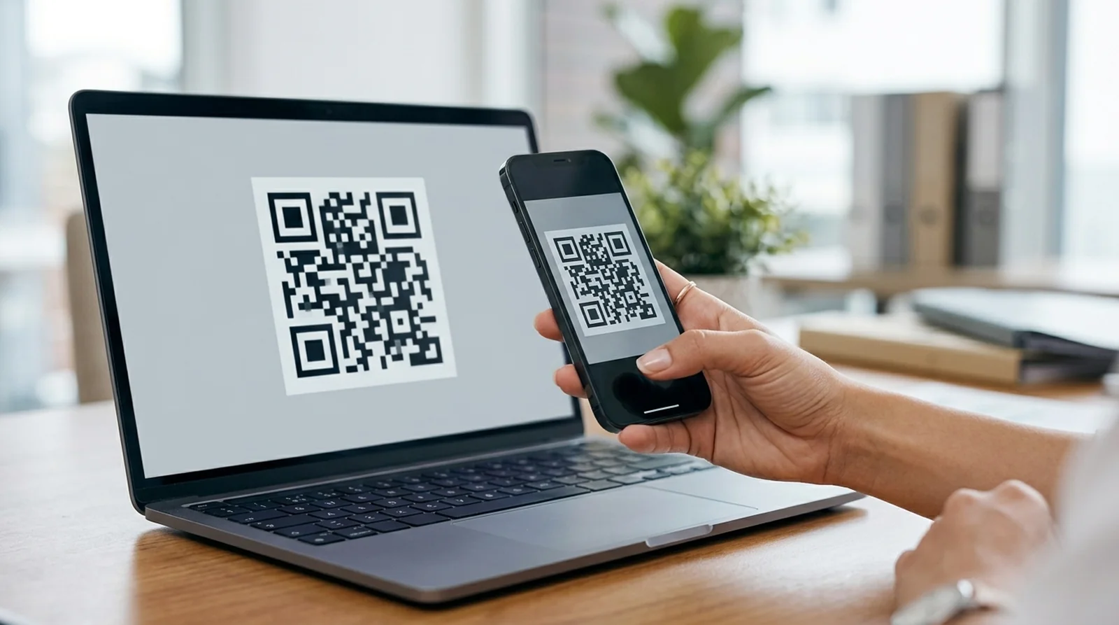 Phone scanning a QR code shown on a laptop screen