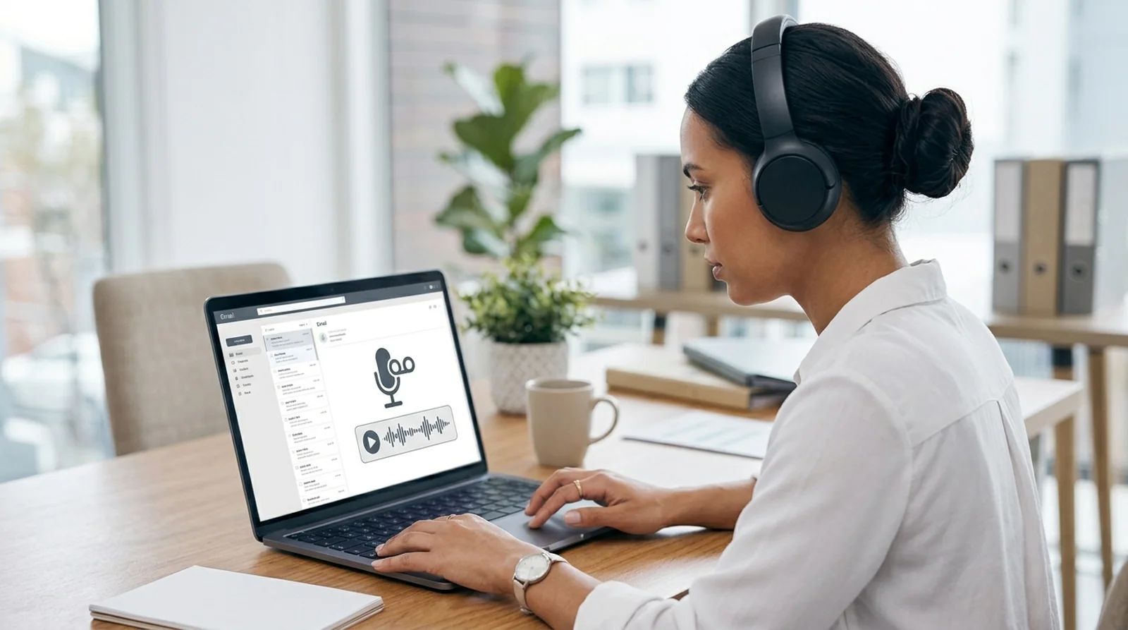 Person with headphones looking at a voicemail attachment on a laptop