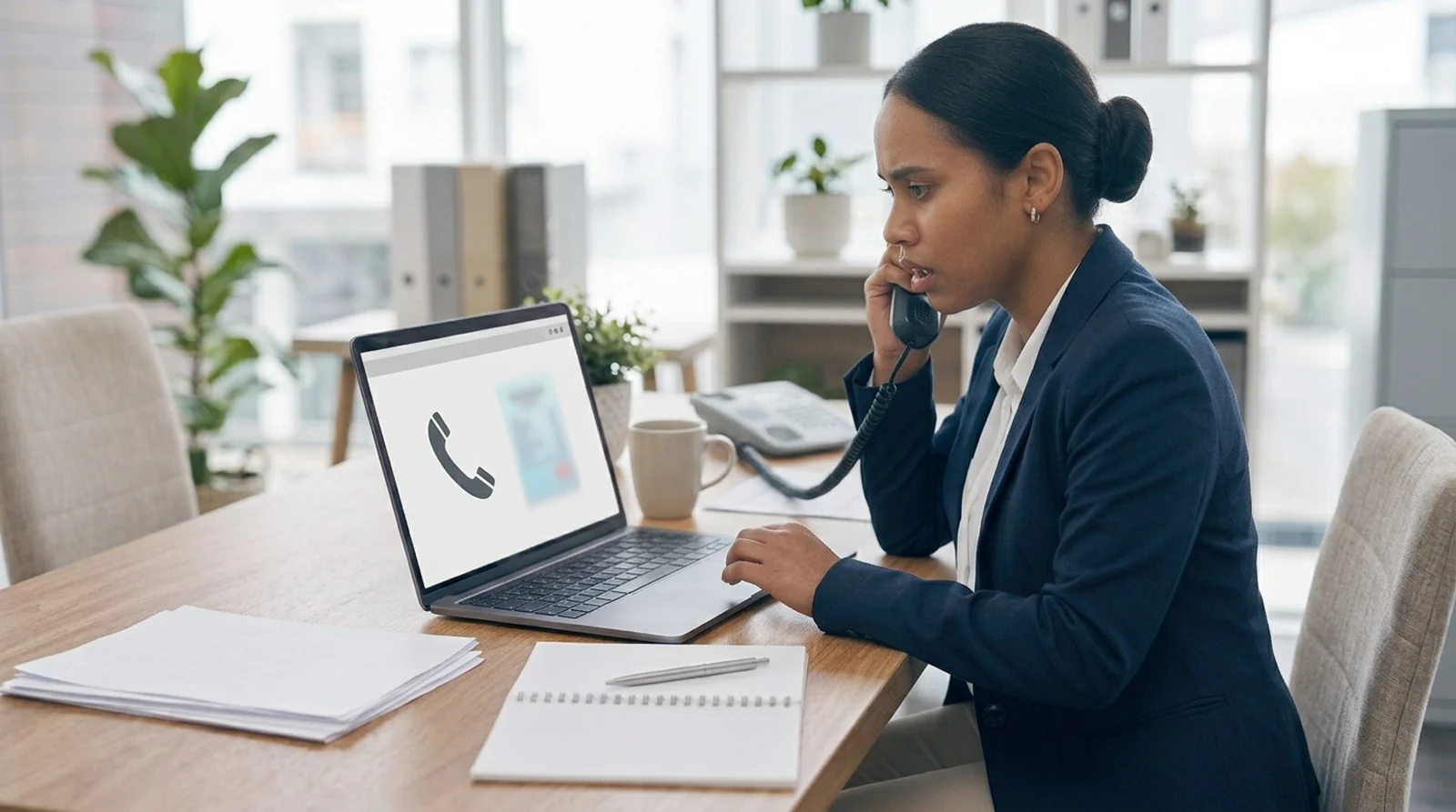 Anxious person on a phone call next to a laptop with a phone icon