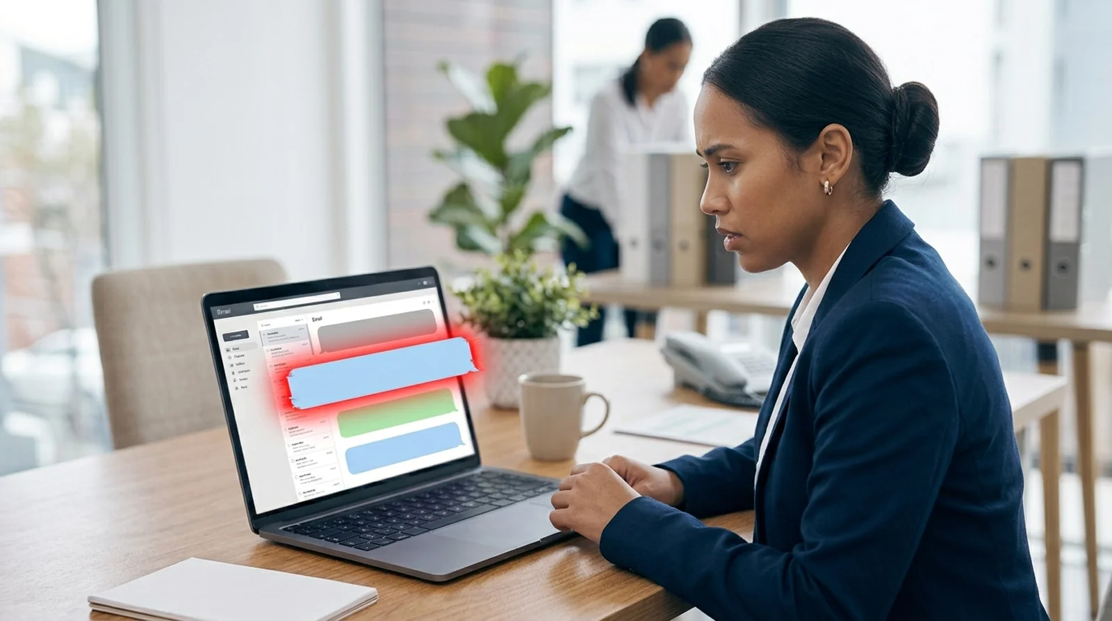 Worker looking at an email thread on a laptop with one reply glowing red