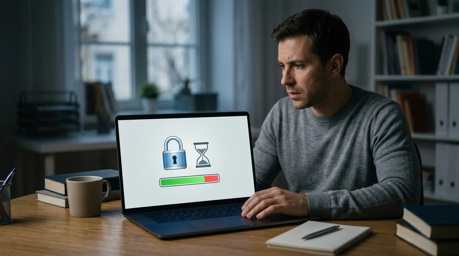 Person looking at a laptop showing a padlock, an hourglass and a full storage bar