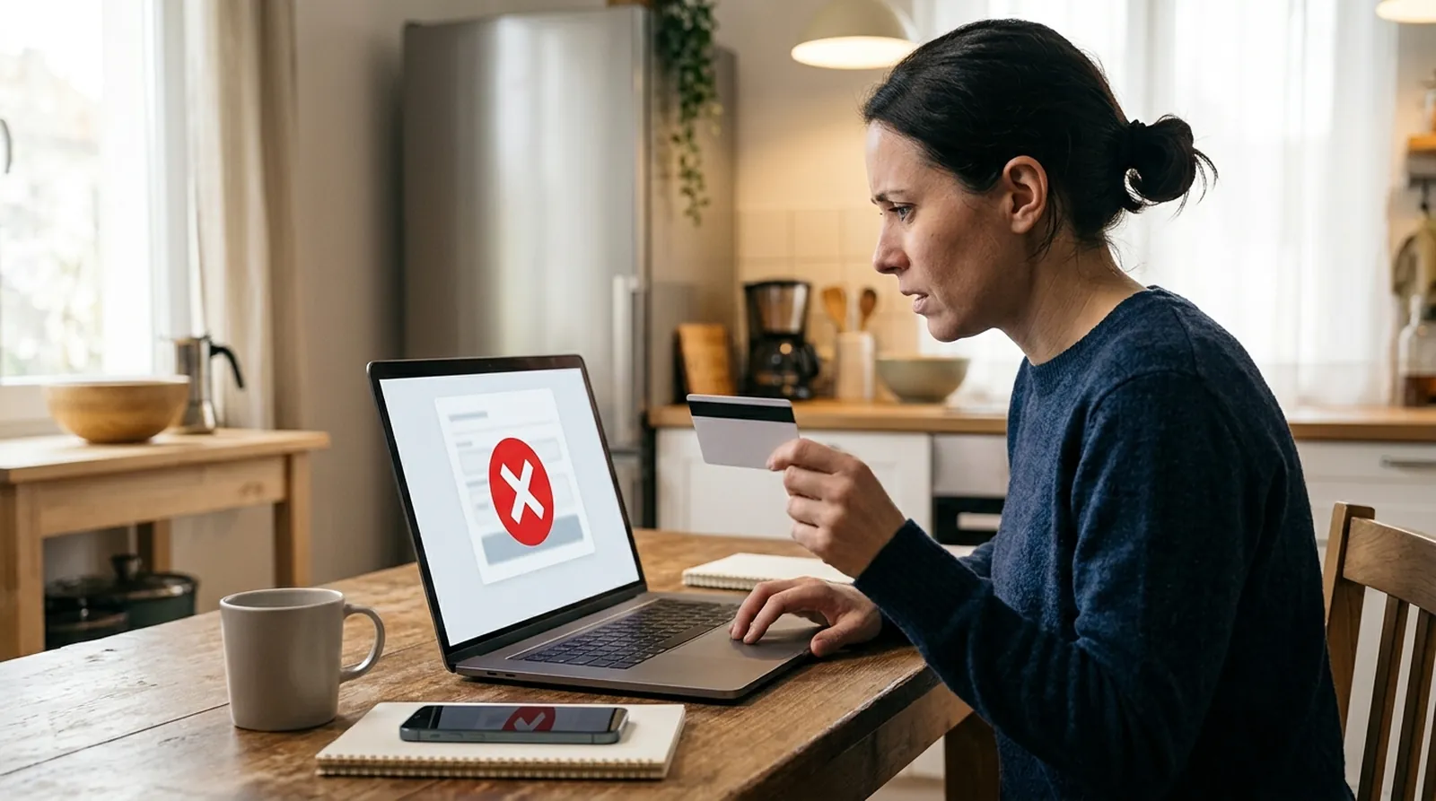 Person holding a card while a laptop shows a declined payment screen