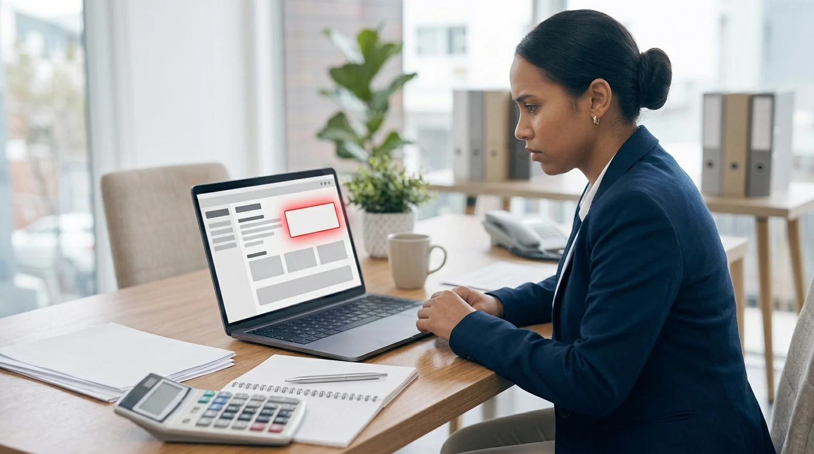 Accounts payable worker reviewing a highlighted payment field on a laptop