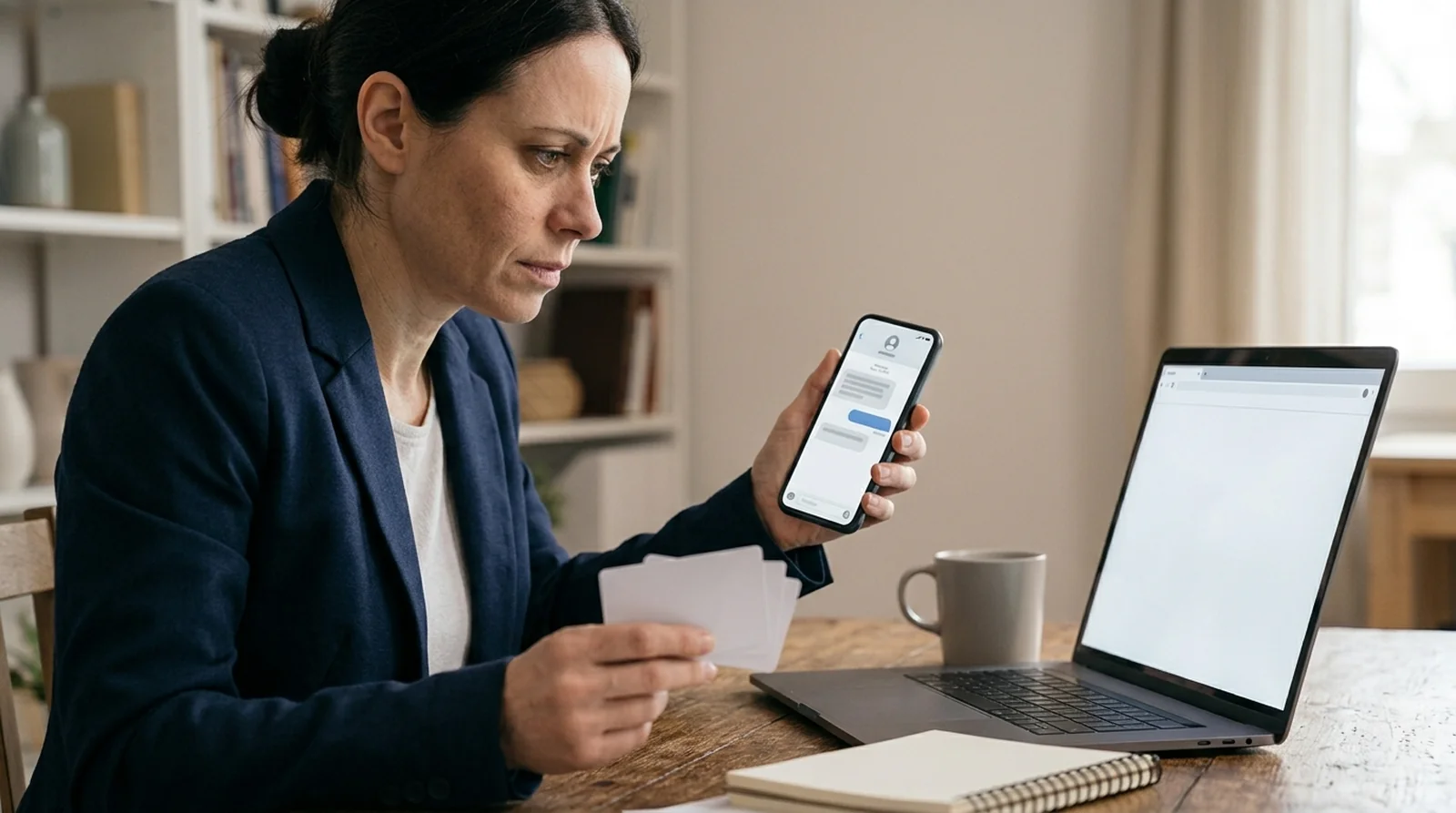Office worker holding blank gift cards while reading a message from a boss