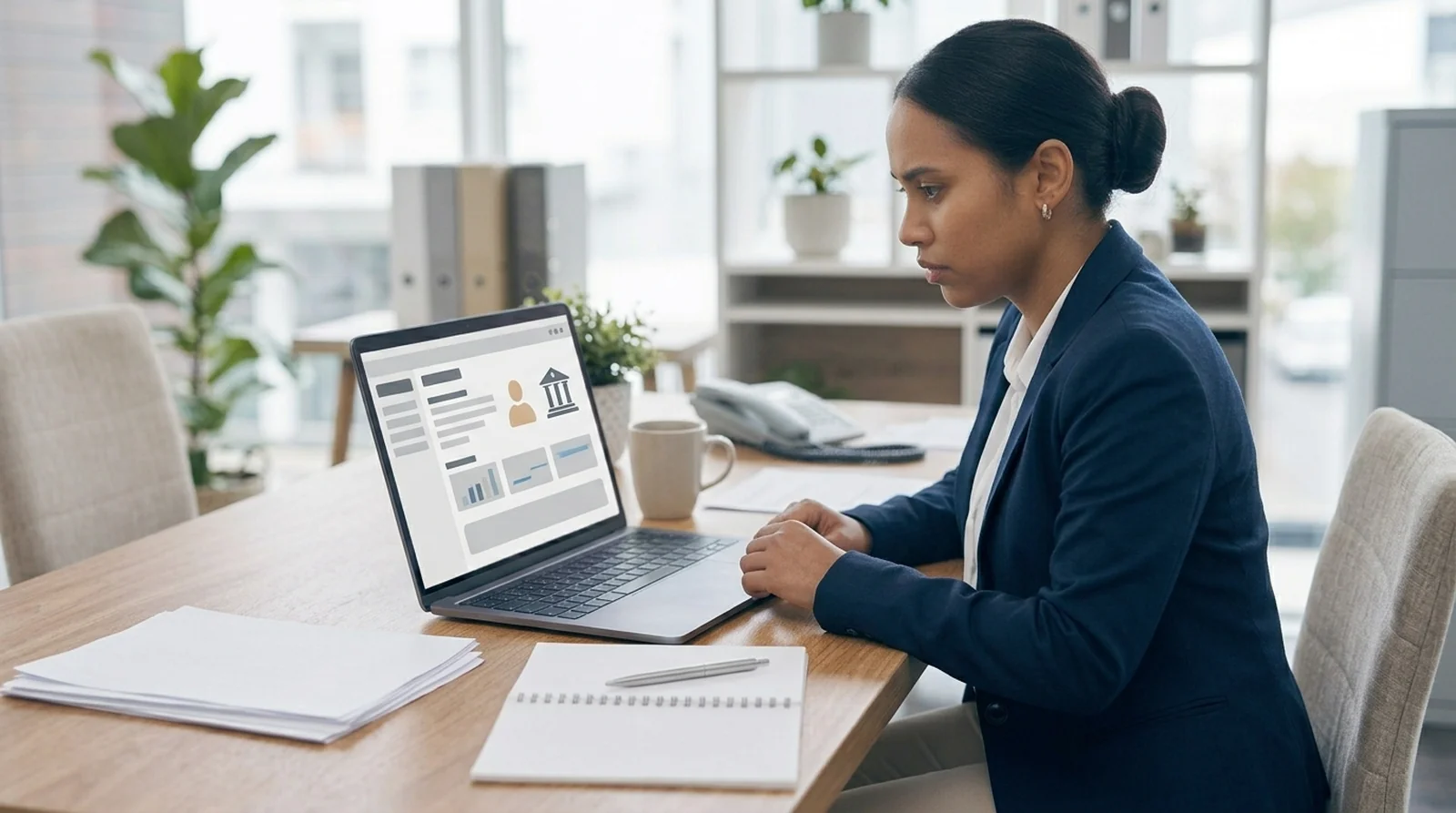 Payroll worker reviewing a laptop screen with person and bank icons