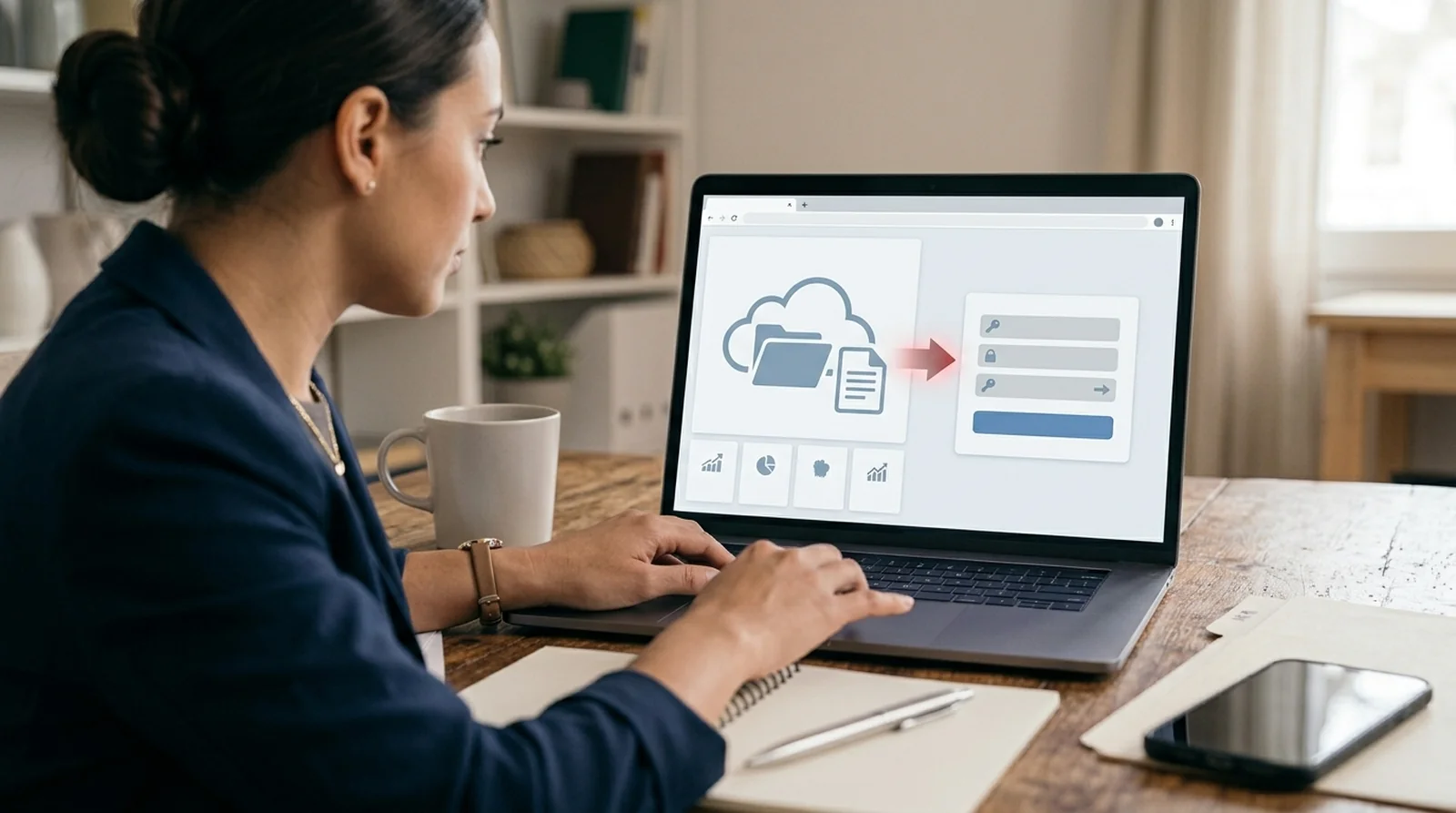 Person at a laptop where a cloud document leads to a sign-in box