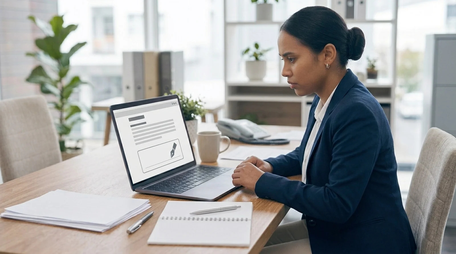 Person reviewing a document with an empty signature box on a laptop