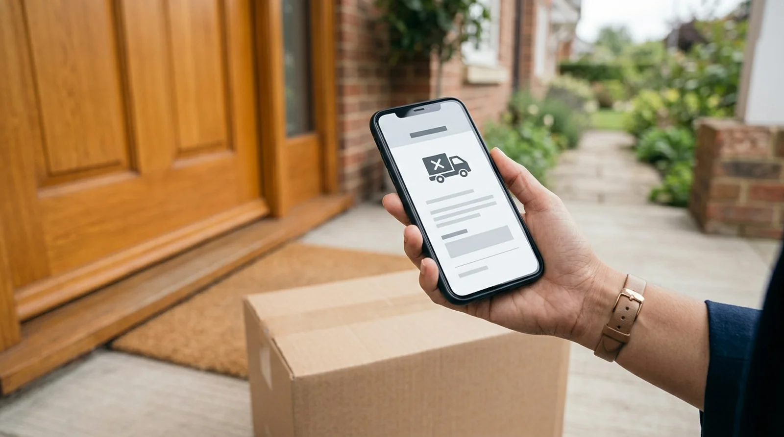 Hand holding a phone with a failed delivery notice next to a parcel