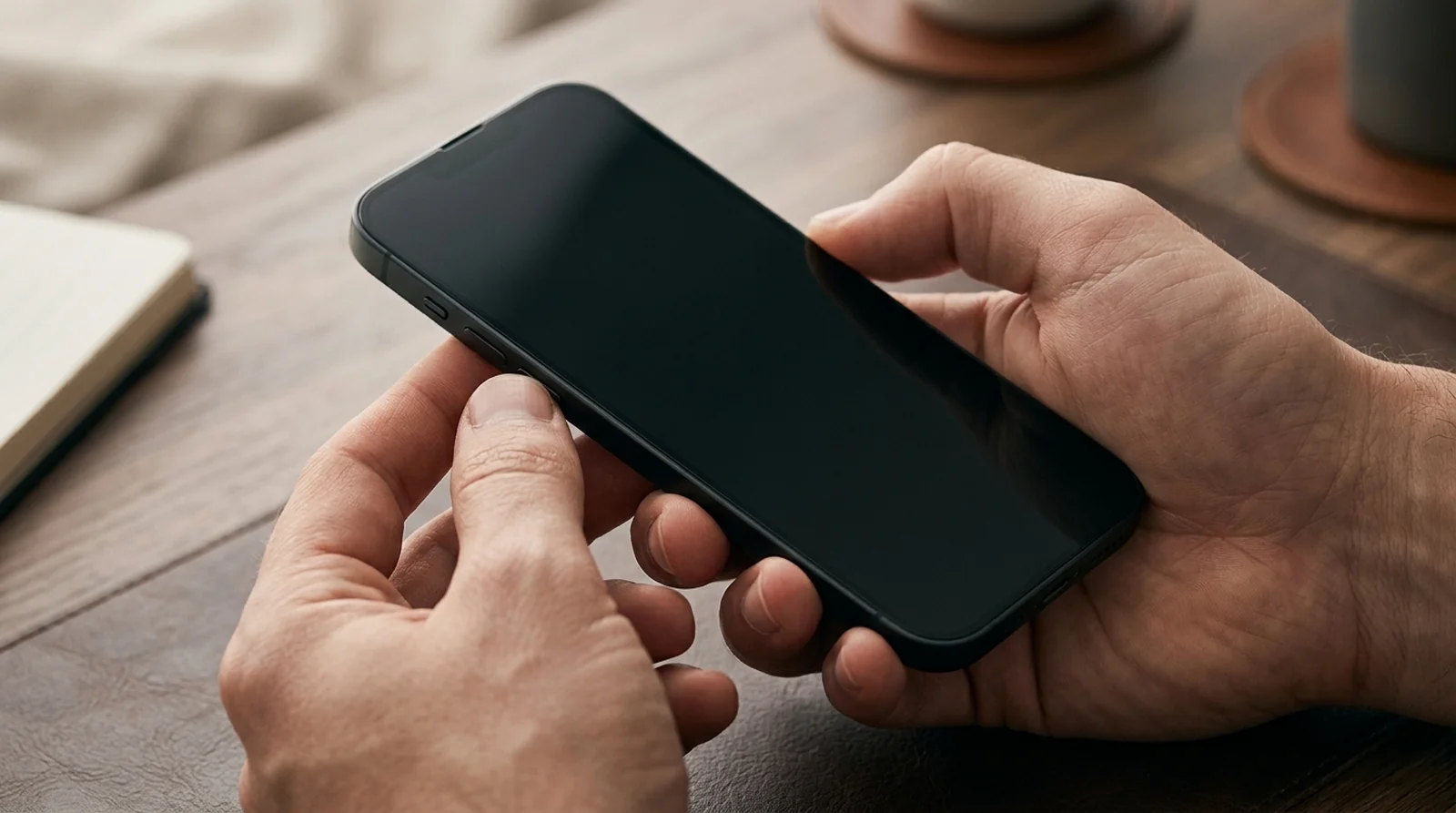 Hands pressing the side buttons of a smartphone to force a restart