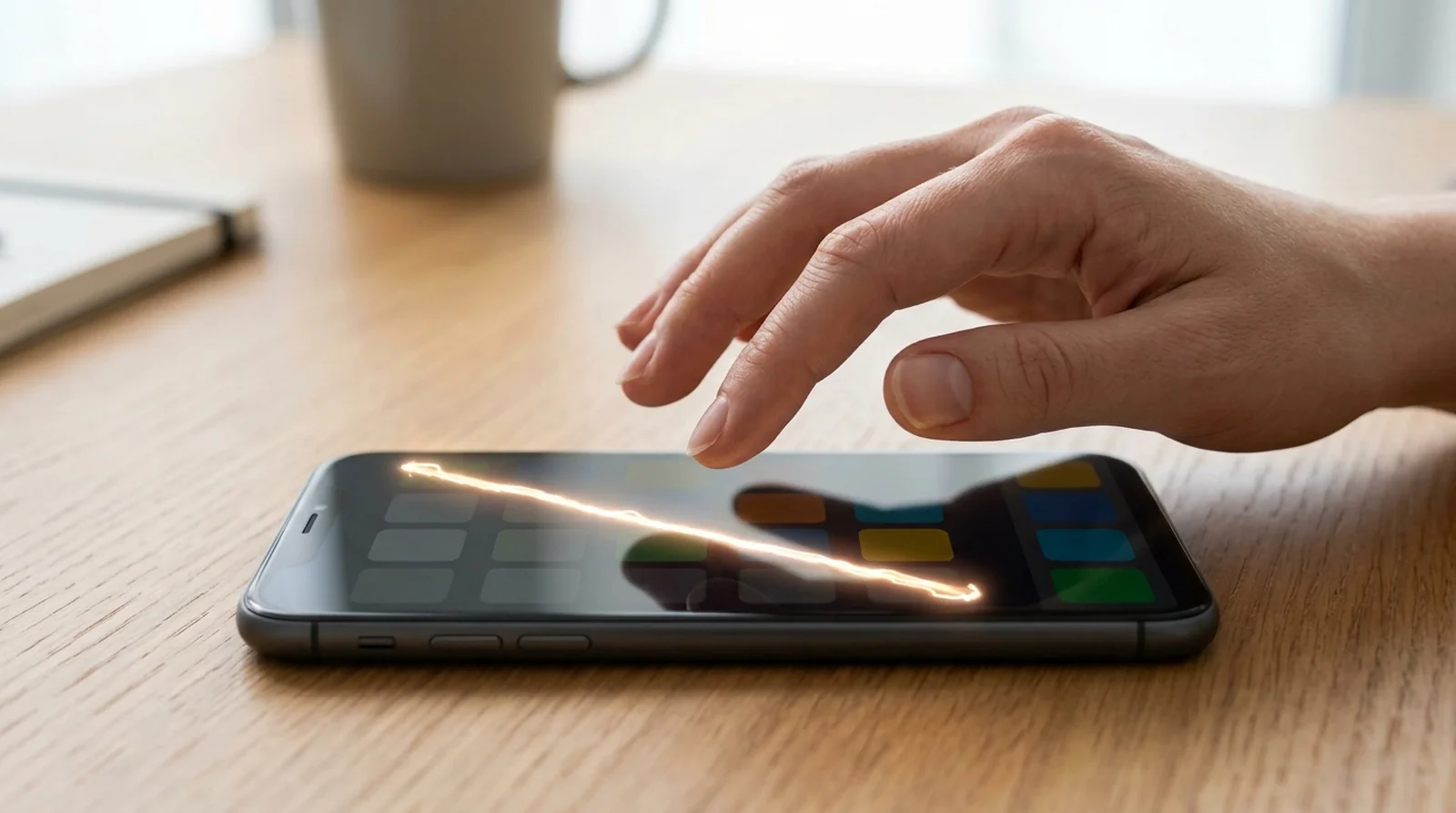 Finger dragging diagonally across a phone screen in a touch test