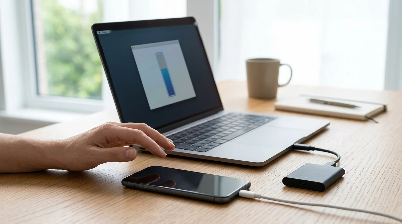 Phone connected to a laptop and backing up files before a factory reset