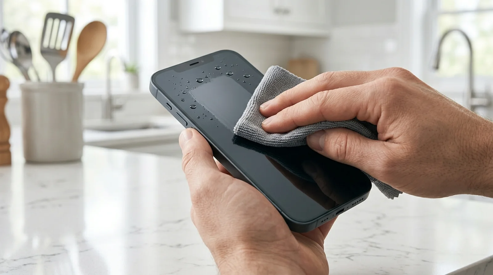 Wiping water drops off a phone screen with a microfiber cloth