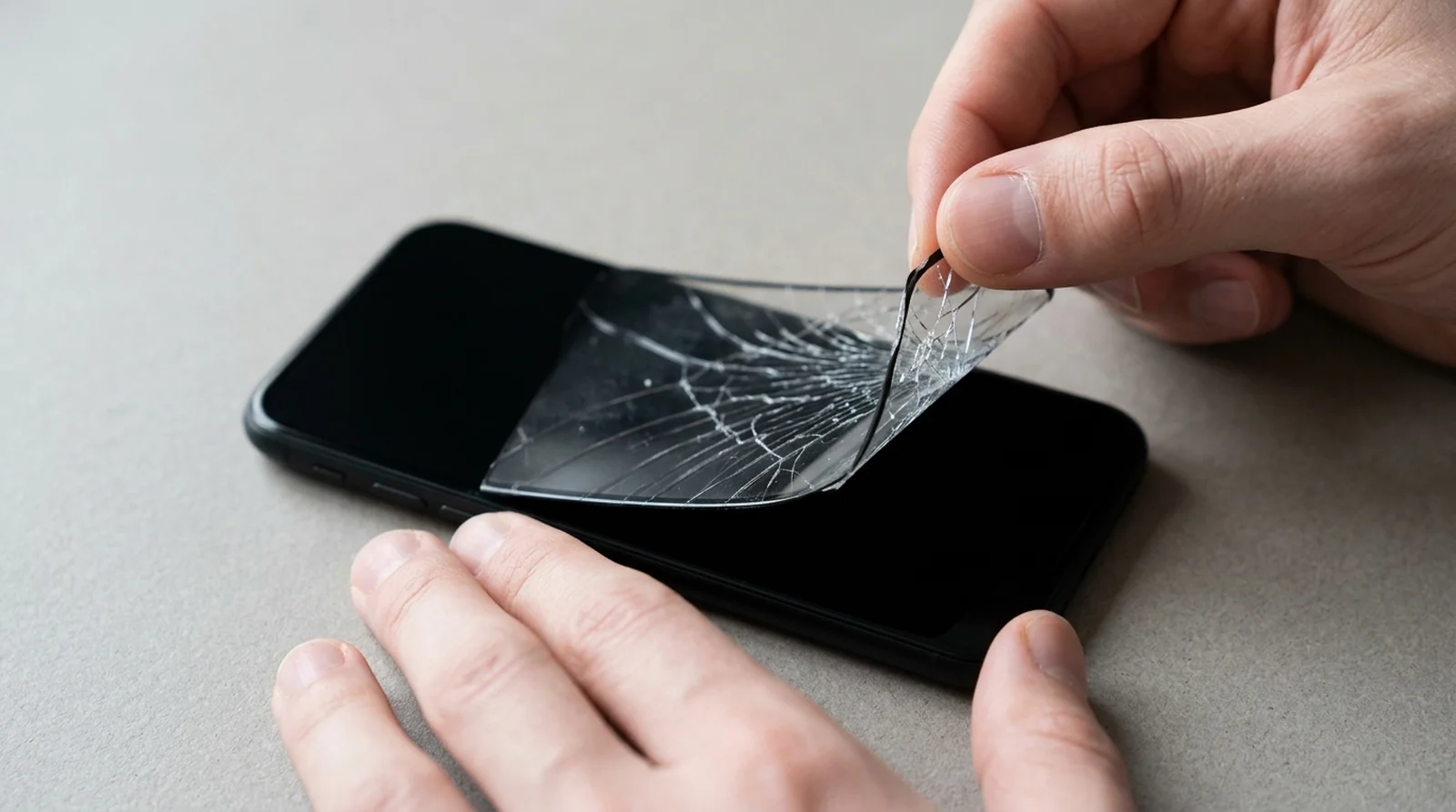 Peeling a cracked screen protector off a phone