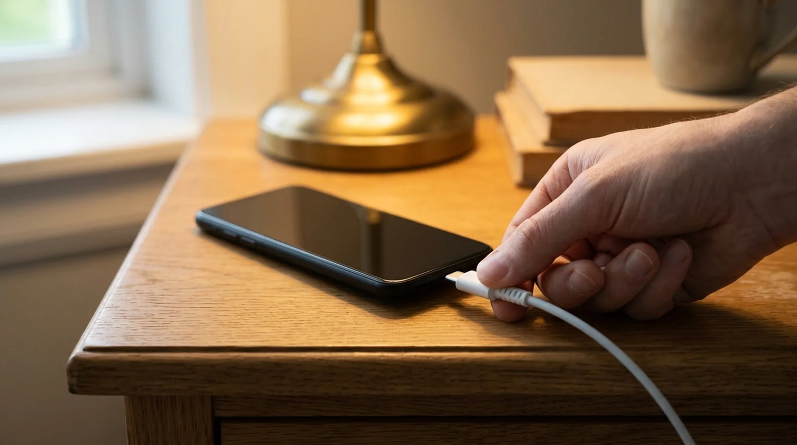 Unplugging a charging cable from a smartphone on a bedside table
